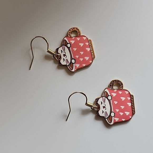 COLORFUL Coffee Cup Cat Earrings Just Stunning ADORABLE Gold Pink - Picture 3 of 4